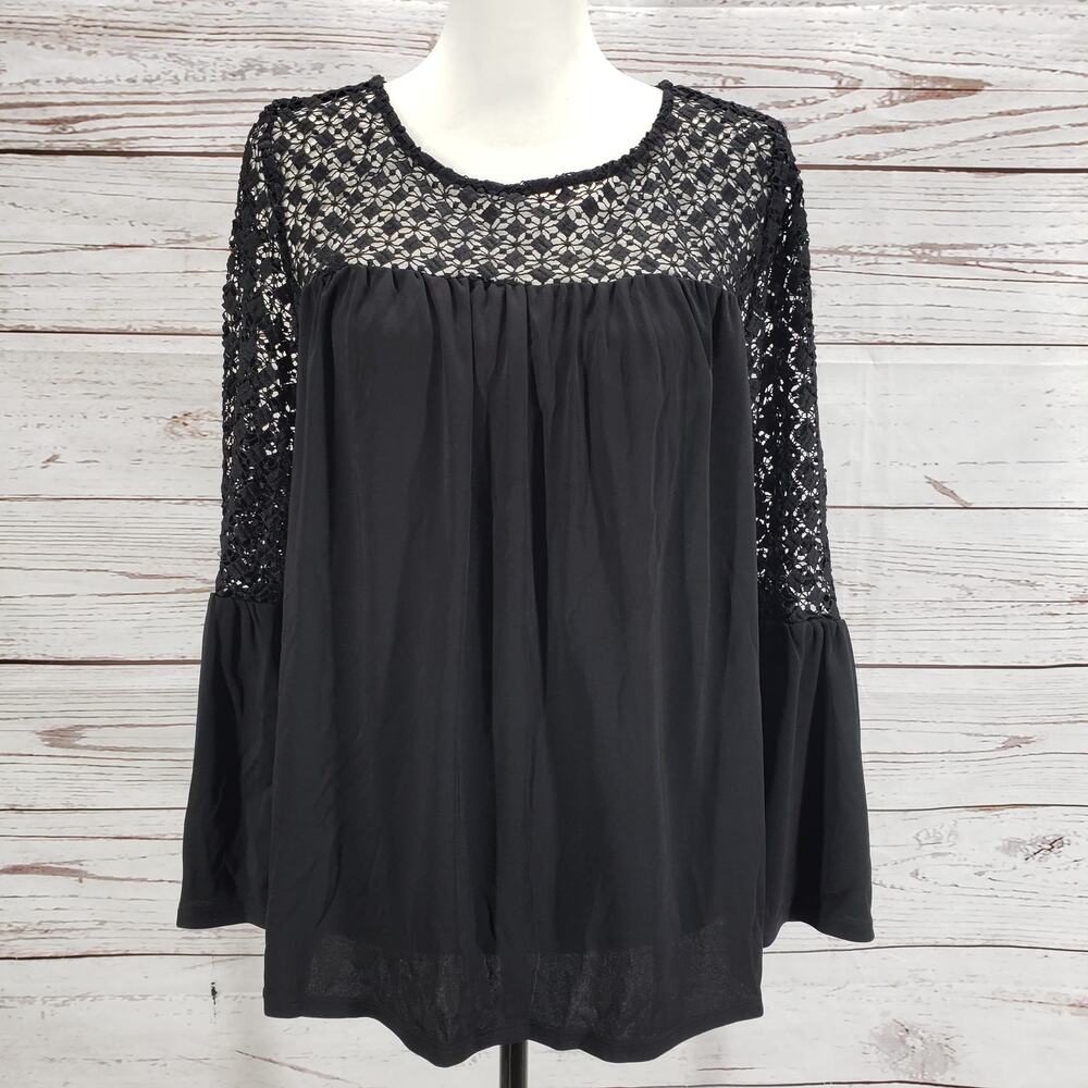 White House Black Market Women's Black Sheer Keyhole Bell Sleeve Top Size Large